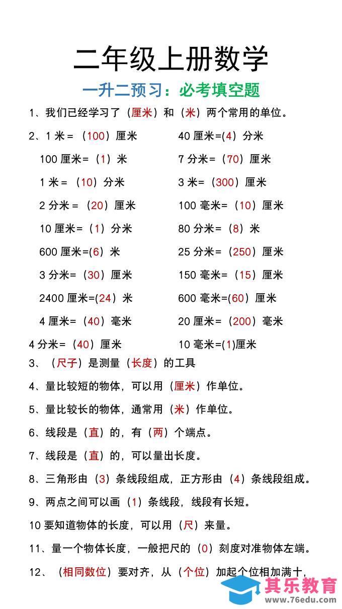 二年级上册数学暑假预习必做《重点填空题》-985文库