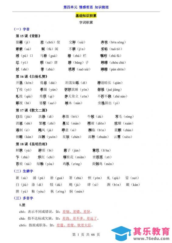 八年级上语文第4单元（知识梳理）-知识点-985文库