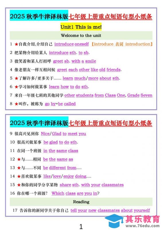 七年级上英语重点短语句型小纸条（牛津译林版）-985文库