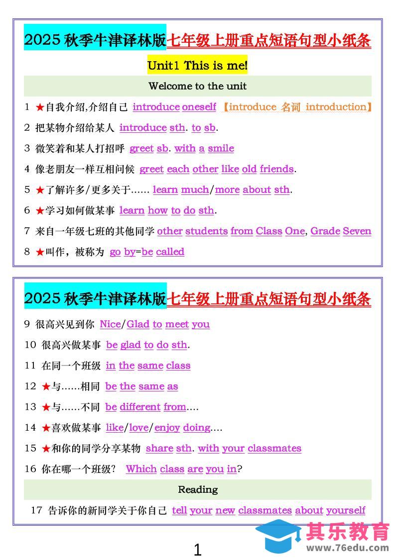 七年级上英语重点短语句型小纸条（牛津译林版）-985文库