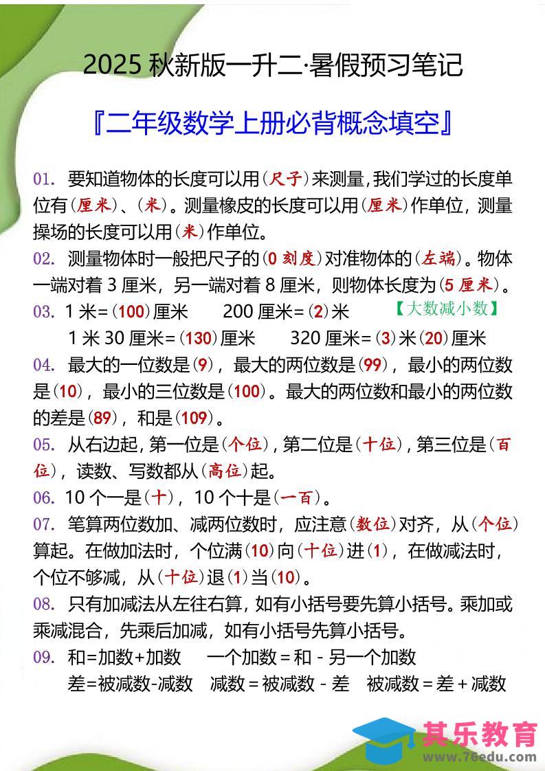 【2025秋新版】二年级数学上册必背概念填空-985文库