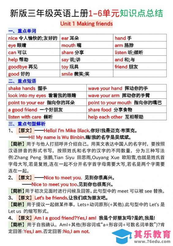 新版三年级英语上册1-6单元知识点总结-985文库