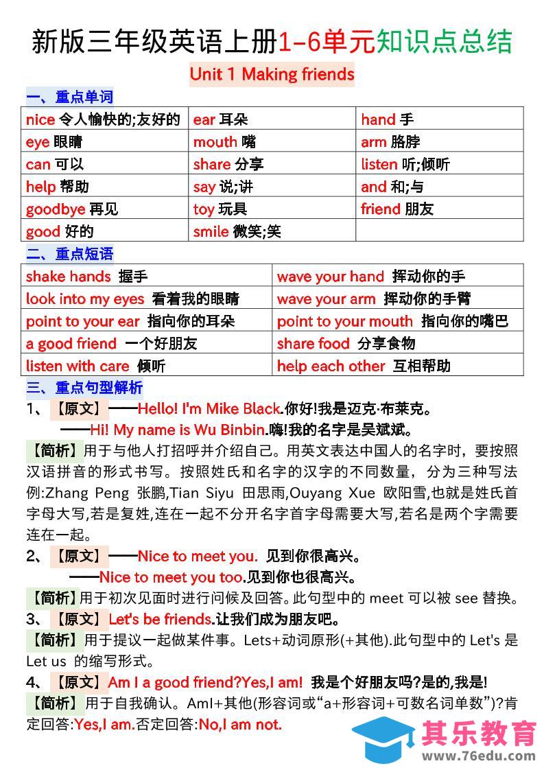 新版三年级英语上册1-6单元知识点总结-985文库