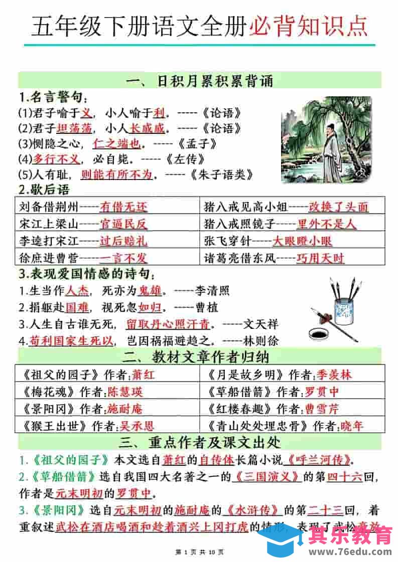 五年级下语文全册必背知识点-985文库