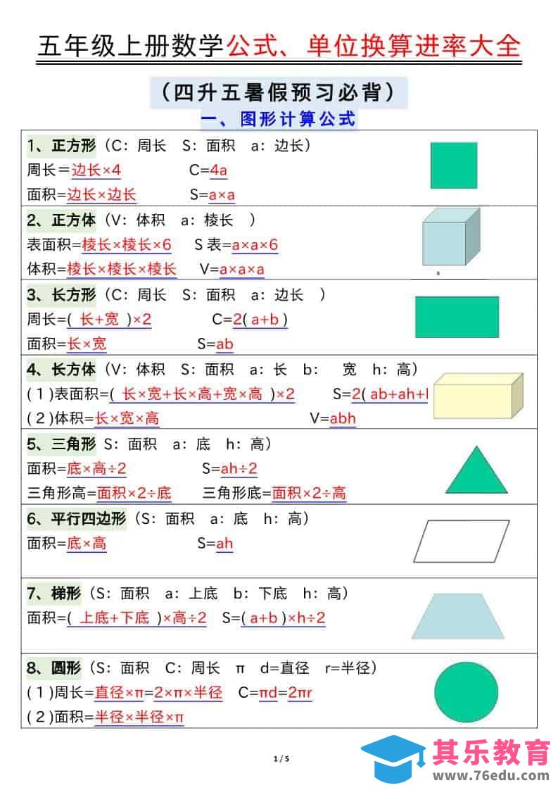 五年级上数学公式、单位换算进率大全-985文库