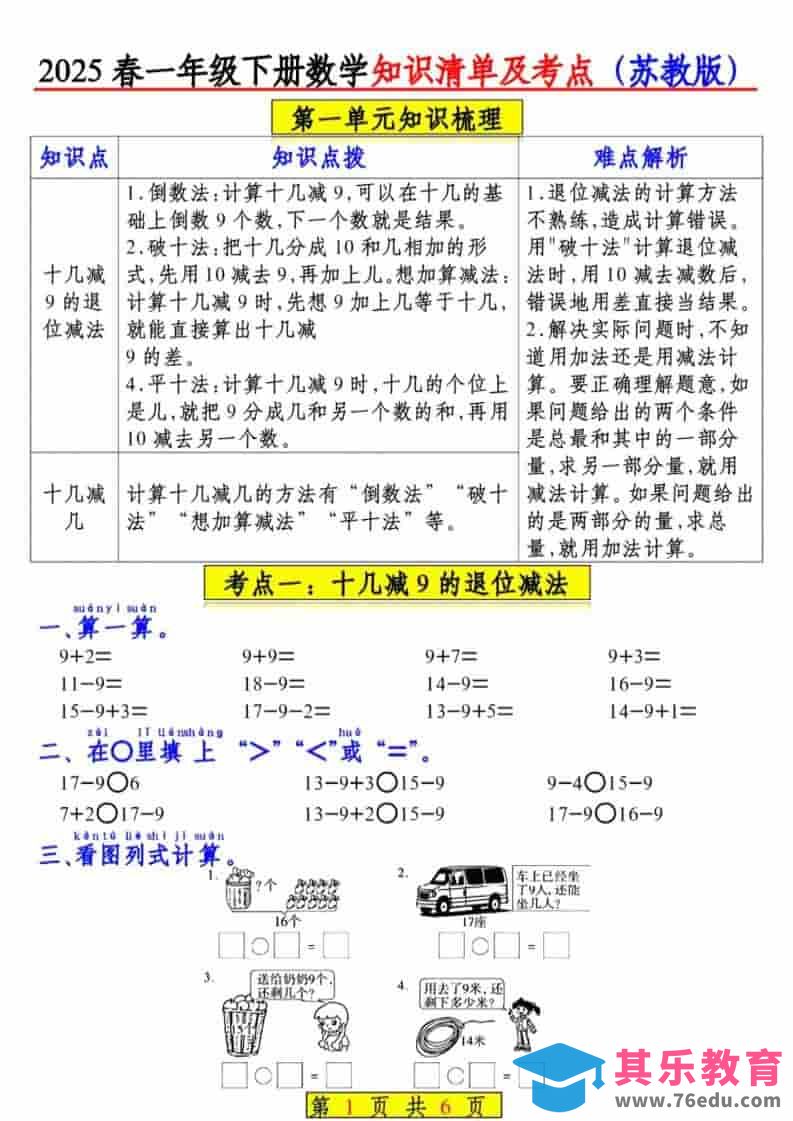 一年级下数学知识清单及考点《苏教版》（衔接版）-985文库