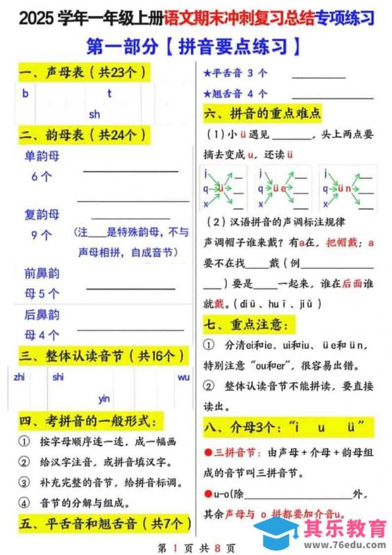 25年一上语文期末冲刺复习总结专项练习六大部分（8页）-985文库