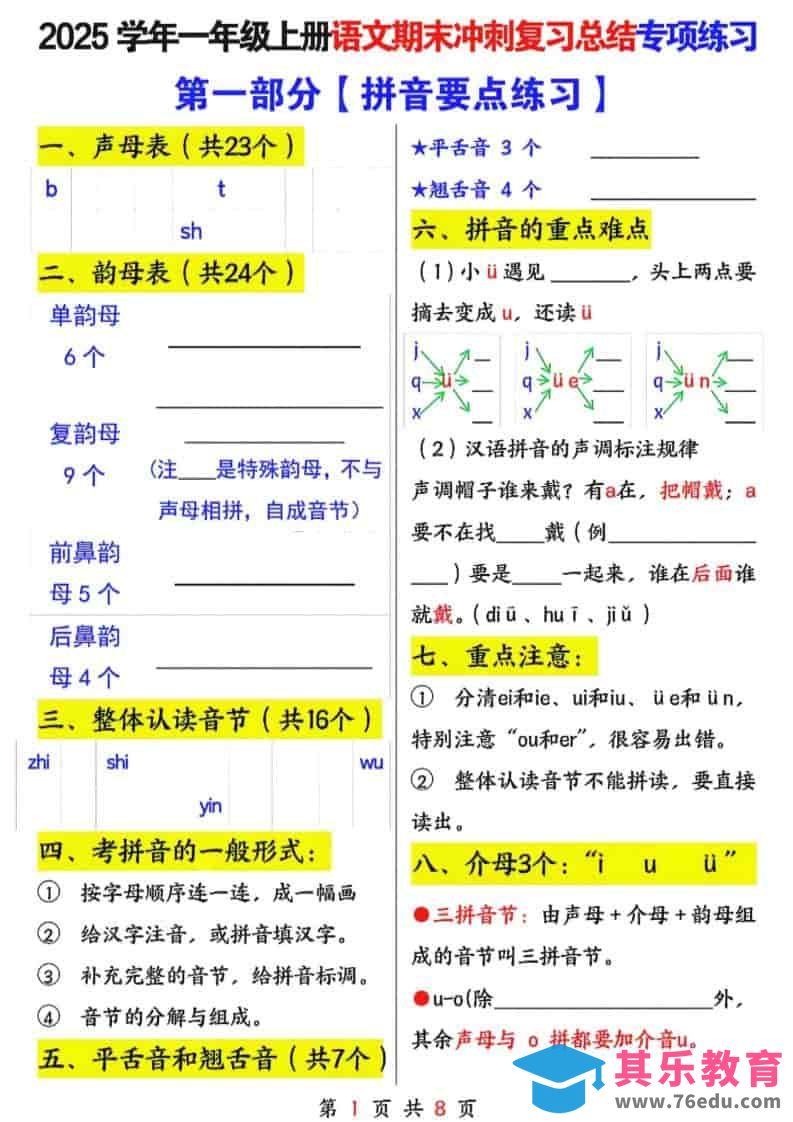 25年一上语文期末冲刺复习总结专项练习六大部分（8页）-985文库