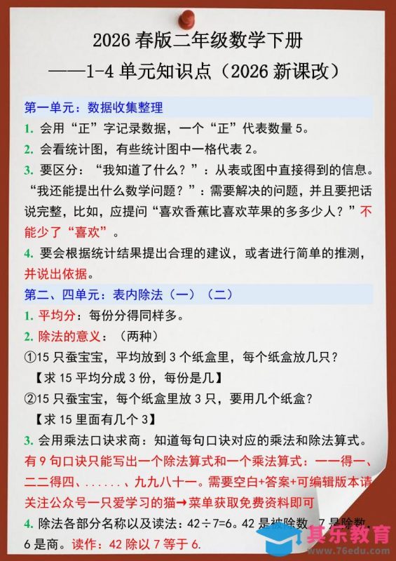 2026春新版二年级下数学1-4单元知识点《人教版》-985文库