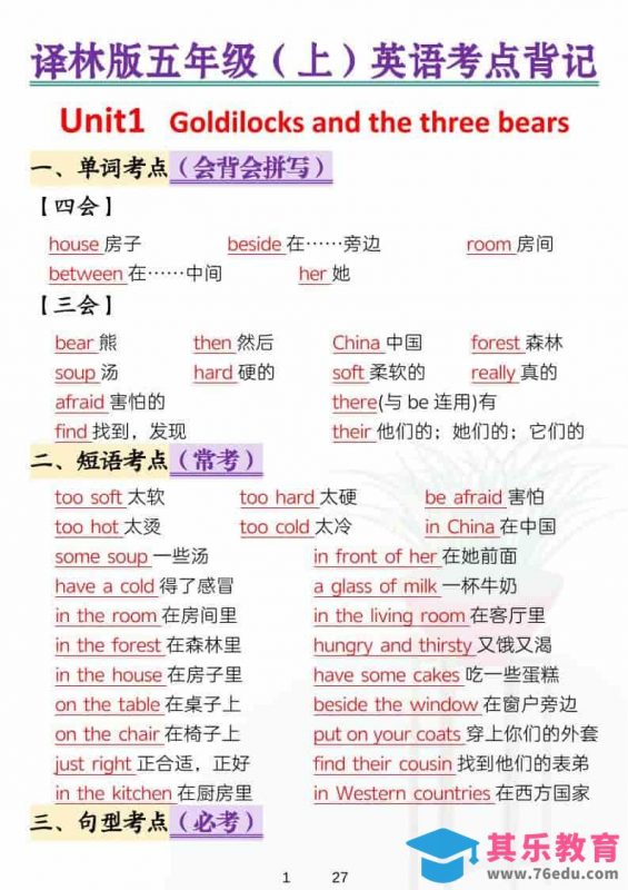 五年级上英语考点背记《译林版》-985文库