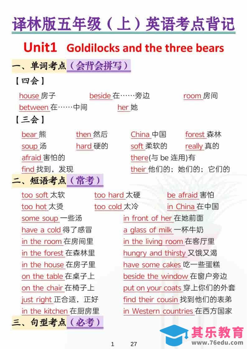 五年级上英语考点背记《译林版》-985文库