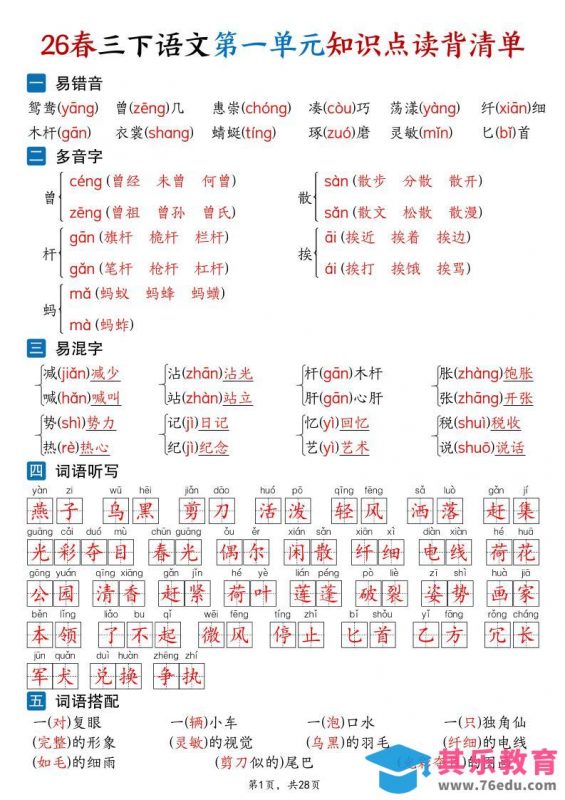 26新三年级下语文1-8单元知识点读背清单（28页）-985文库