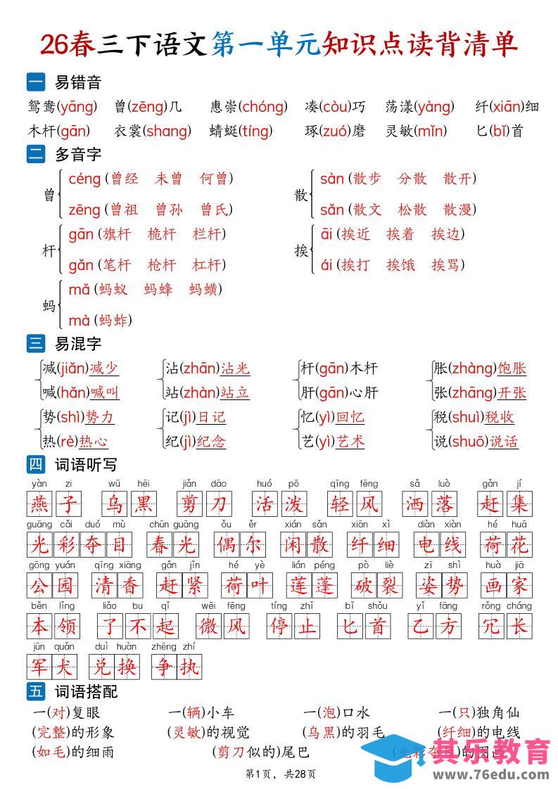 26新三年级下语文1-8单元知识点读背清单（28页）-985文库