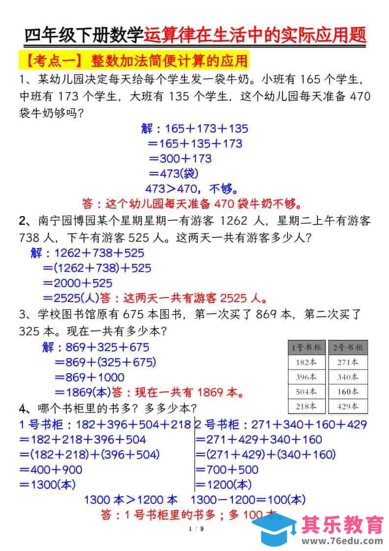 四年级下数学运算律的生活实际应用专项练习-985文库