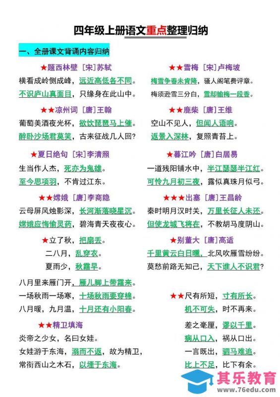 四年级上语文重点整理归纳-985文库