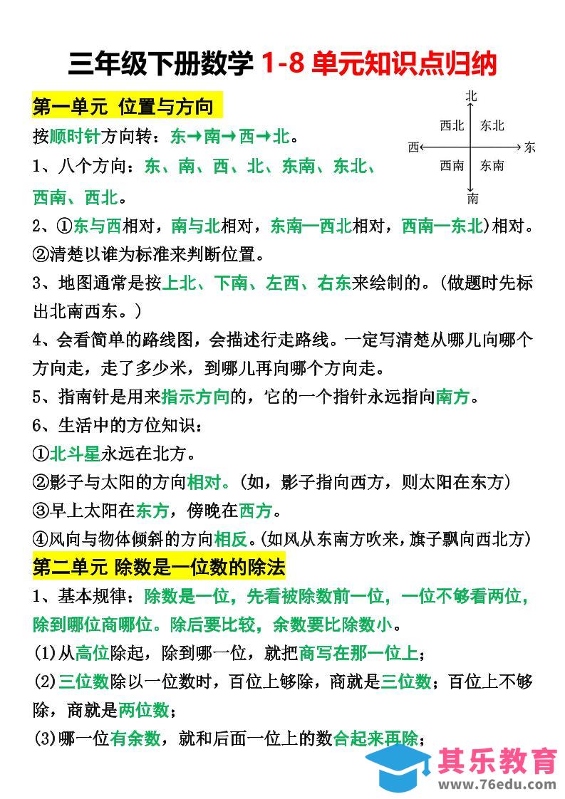 三年级下册数学1-8单元知识点归纳-985文库