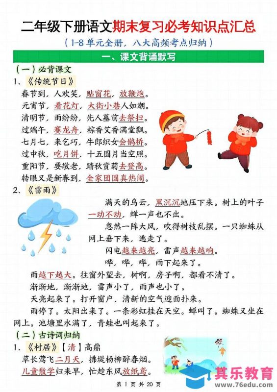 二下语文期末复习全册必考知识点汇总（八大高频考点归纳）20页-985文库