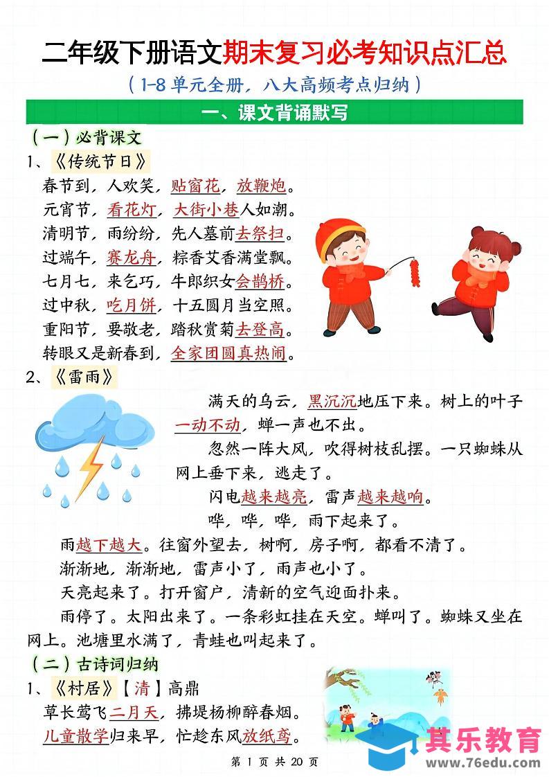 二下语文期末复习全册必考知识点汇总（八大高频考点归纳）20页-985文库