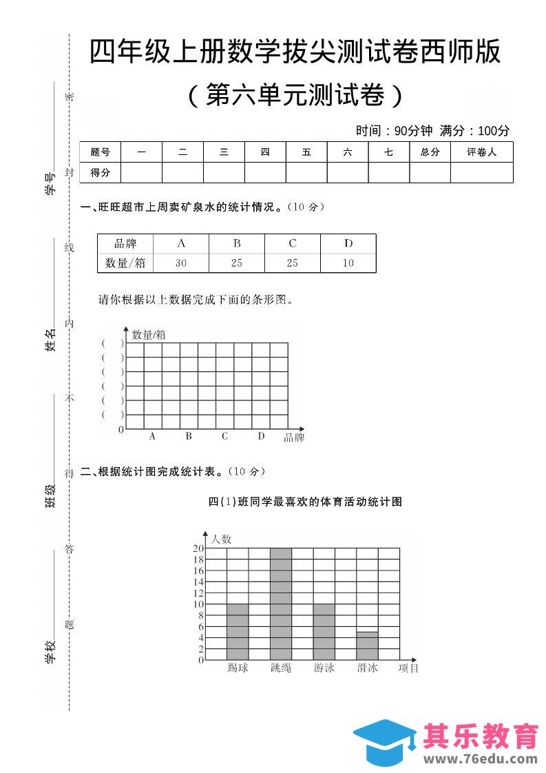 四年级上数学第六单元拔尖测试卷《西师版》-985文库