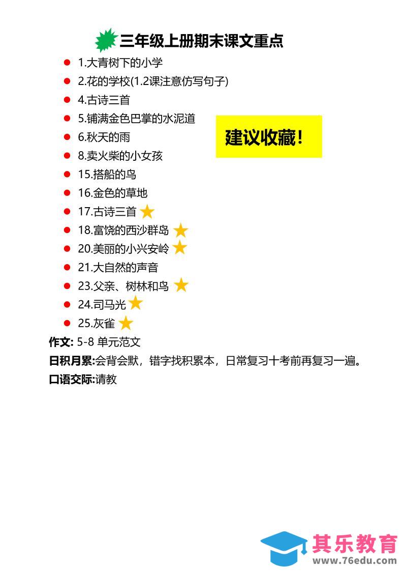 三上语文期末复习必背重点知识点-985文库