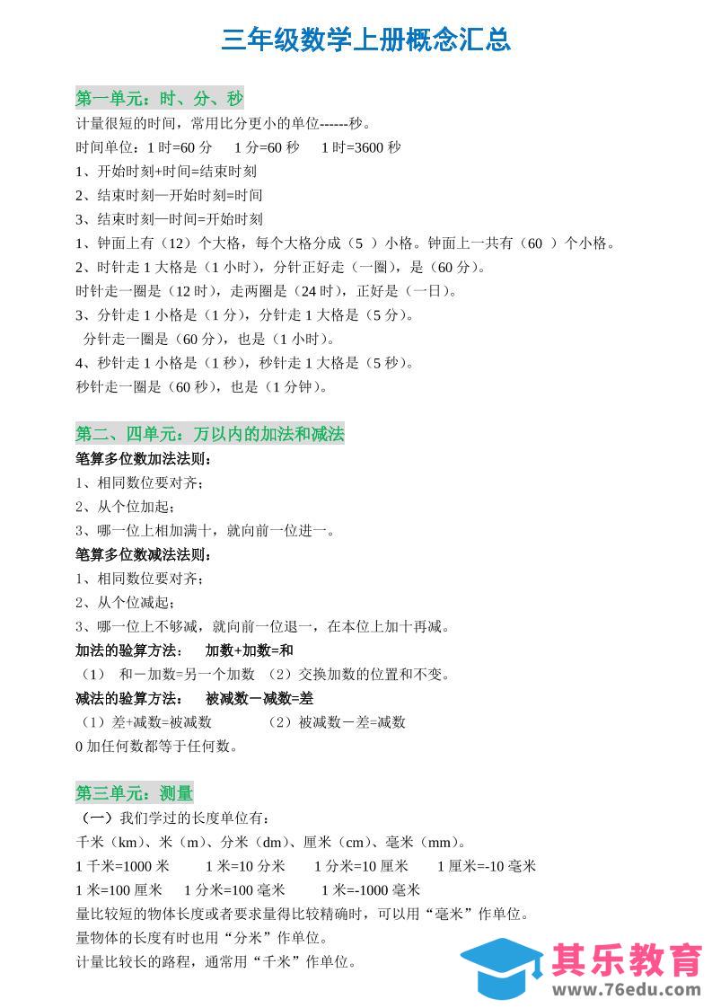 三年级数学上册概念全集-985文库