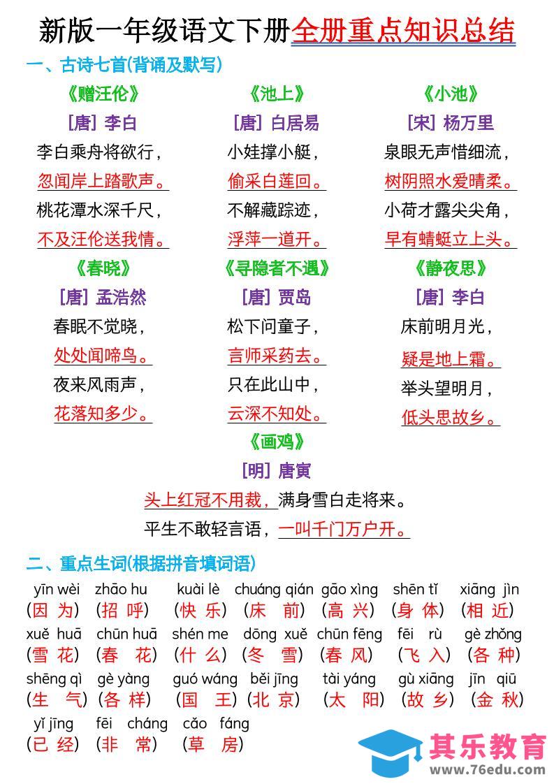 新版一年级语文下册全册重点知识总结-7页-985文库