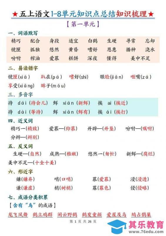 五年级上语文1-8单元知识点总结知识梳理-985文库