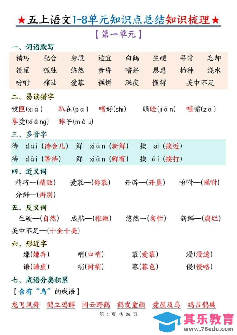 五年级上语文1-8单元知识点总结知识梳理-985文库