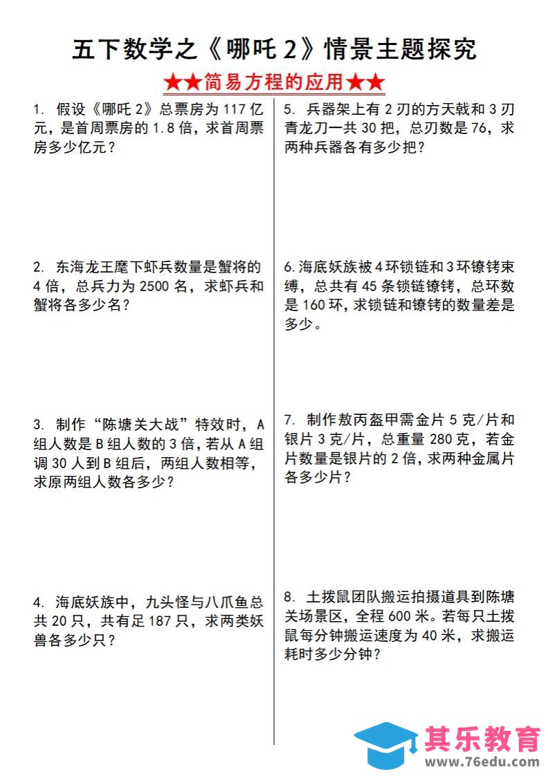 【苏教版】五下数学之《哪吒2》情景主题探究(简易方程的应用)（空白版）-985文库