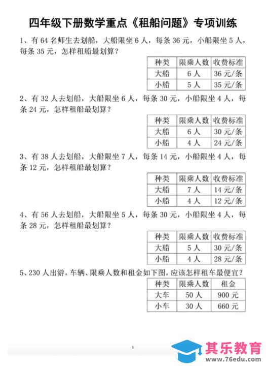 四下数学人教版《租船问题》专项训练-985文库