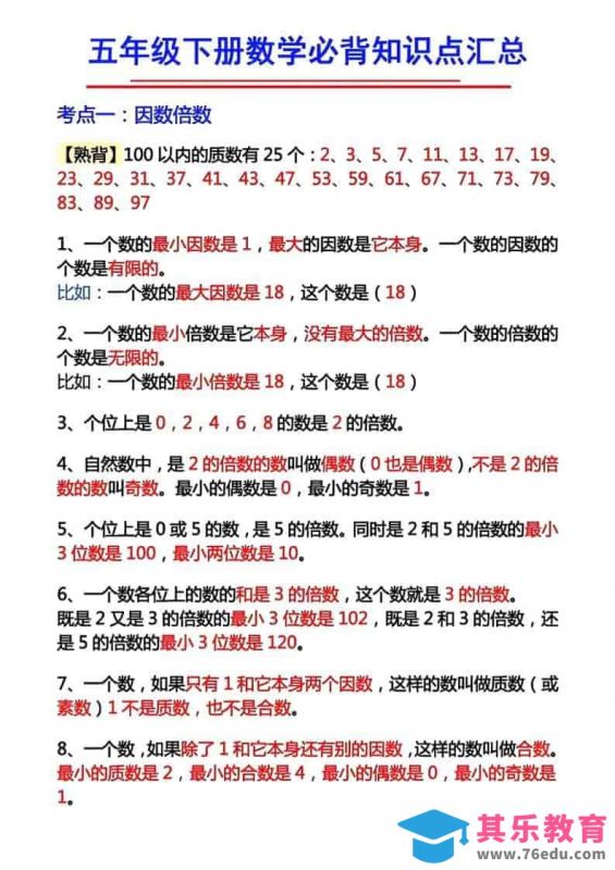 五年级下数学必背知识考点-985文库