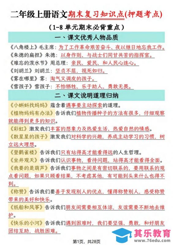 二年级上语文期末复习知识点(押题考点)-985文库