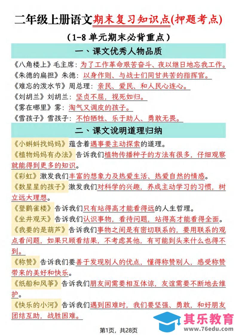 二年级上语文期末复习知识点(押题考点)-985文库