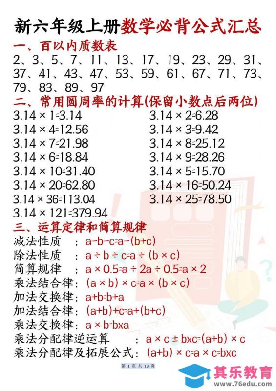 六上数学必背公式汇总(13页)-985文库