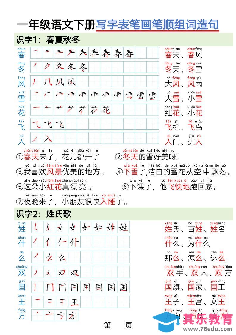 一年级下语文写字表笔画笔顺组词造句-985文库