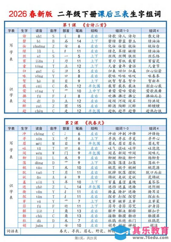 二年级下语文2026春课后三表生字组词-985文库