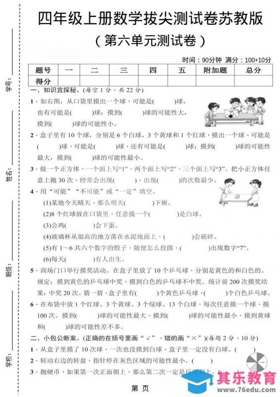 四年级上数学第六单元测试卷2《苏教版》-985文库