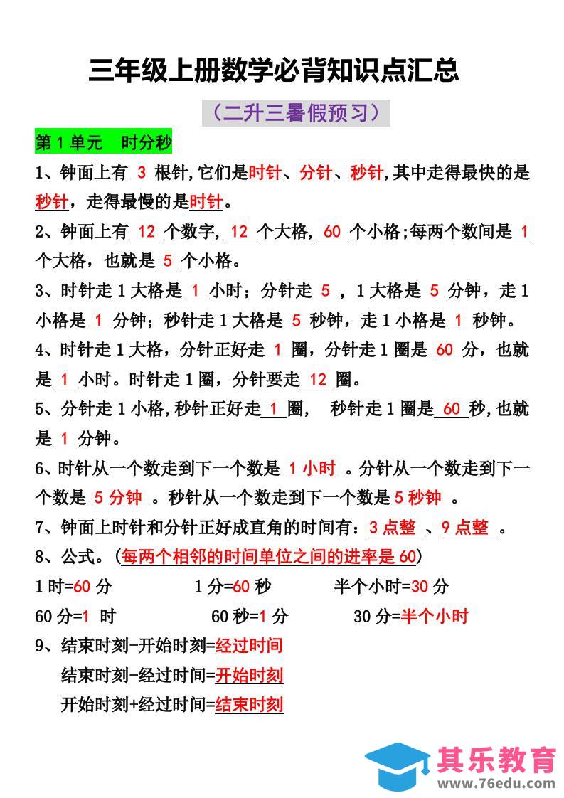 三年级上册数学必背知识点汇总-985文库