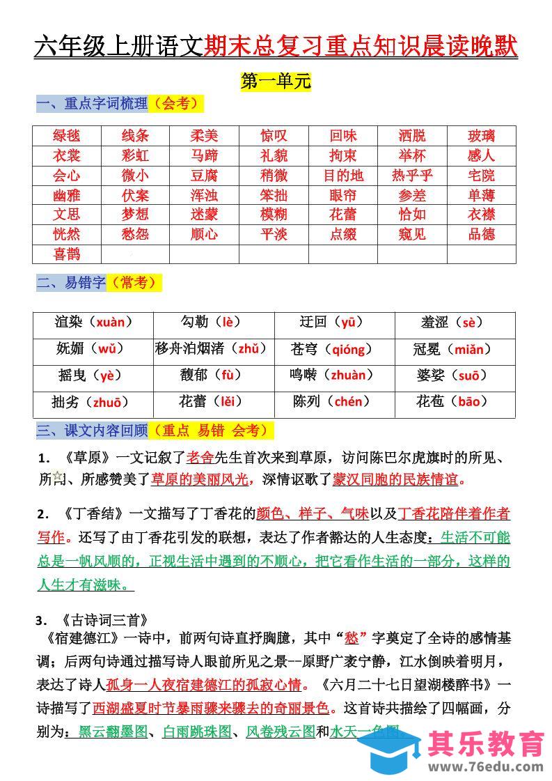六上语文复习重点晨读单(16页)-985文库