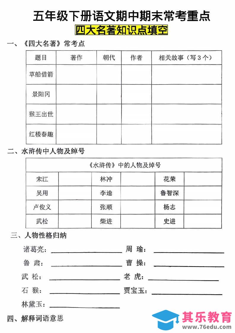 五年级下语文四大名著知识点填空-985文库