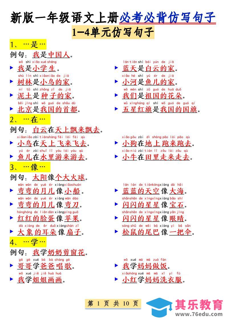 新一上语文必考必背仿写句子(含仿写练习10页)-985文库