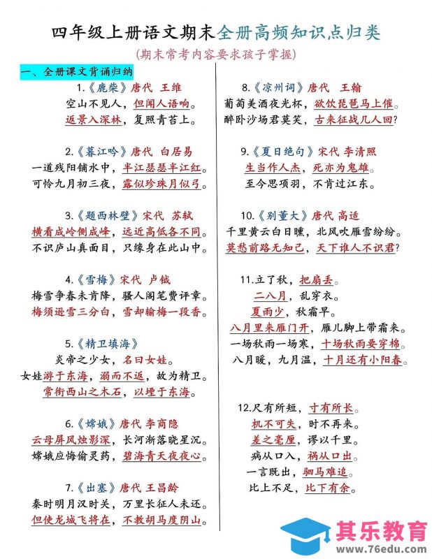 四年级上语文期末全册高频考点知识点归类-985文库