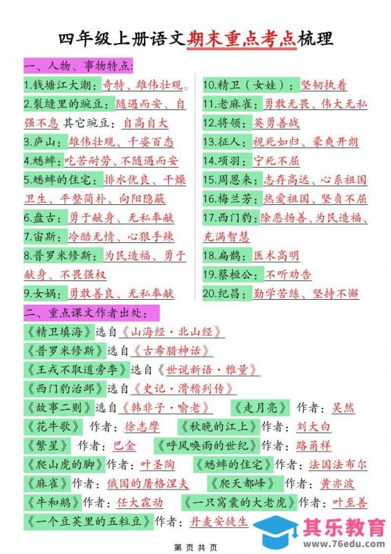 四年级上语文期末重点考点梳理-985文库