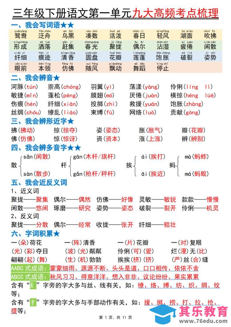 三下语文期中复习1-4单元高频考点梳理（11页）-985文库