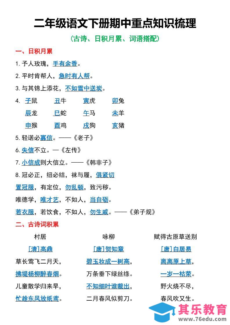 二年级语文下册期中重点知识梳理6页-985文库