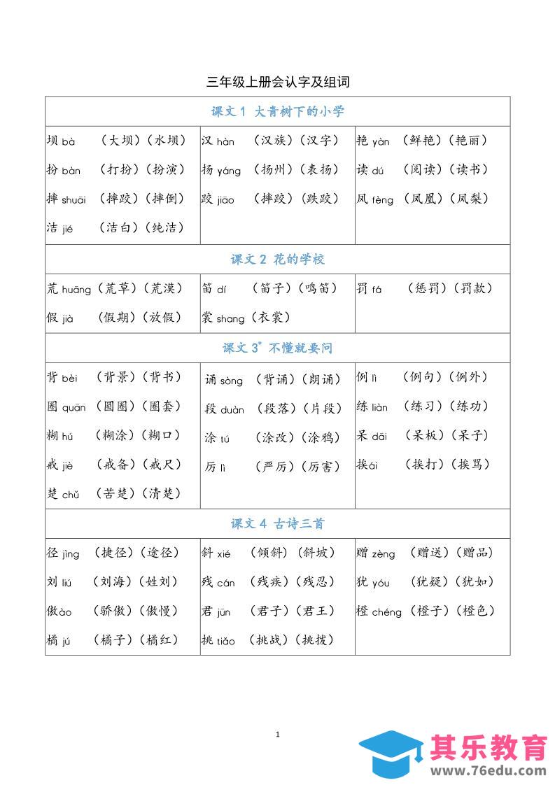 三上语文-识字表注音组词-985文库