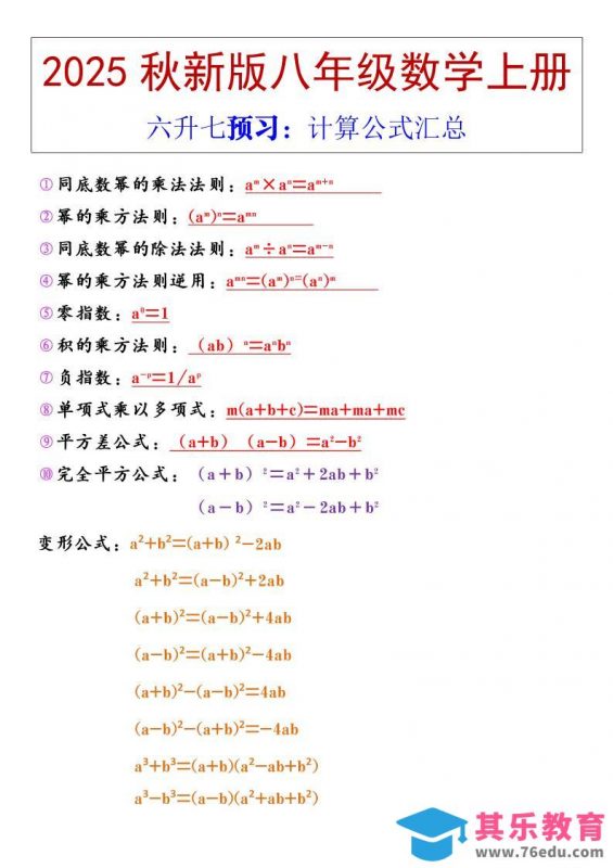 【2025秋新版】八年级上册数学计算公式汇总-985文库