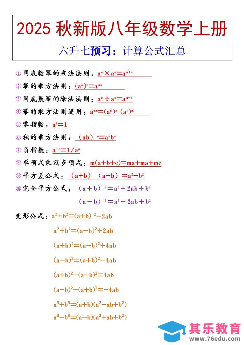 【2025秋新版】八年级上册数学计算公式汇总-985文库