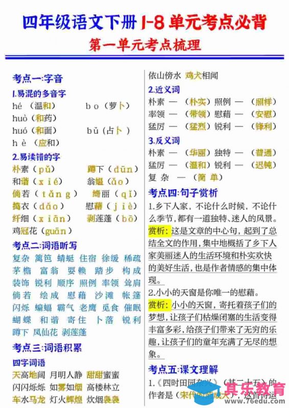 四年级(下）语文1-8单元考点必背-985文库