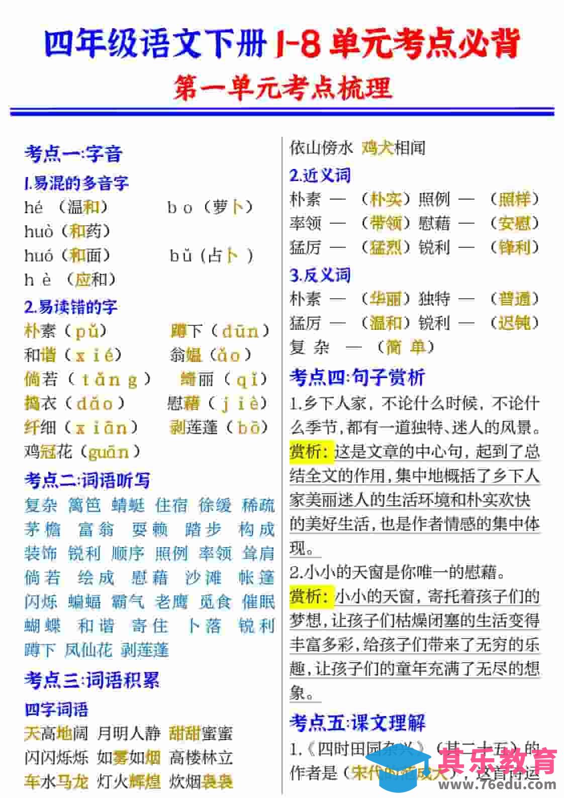 四年级(下）语文1-8单元考点必背-985文库